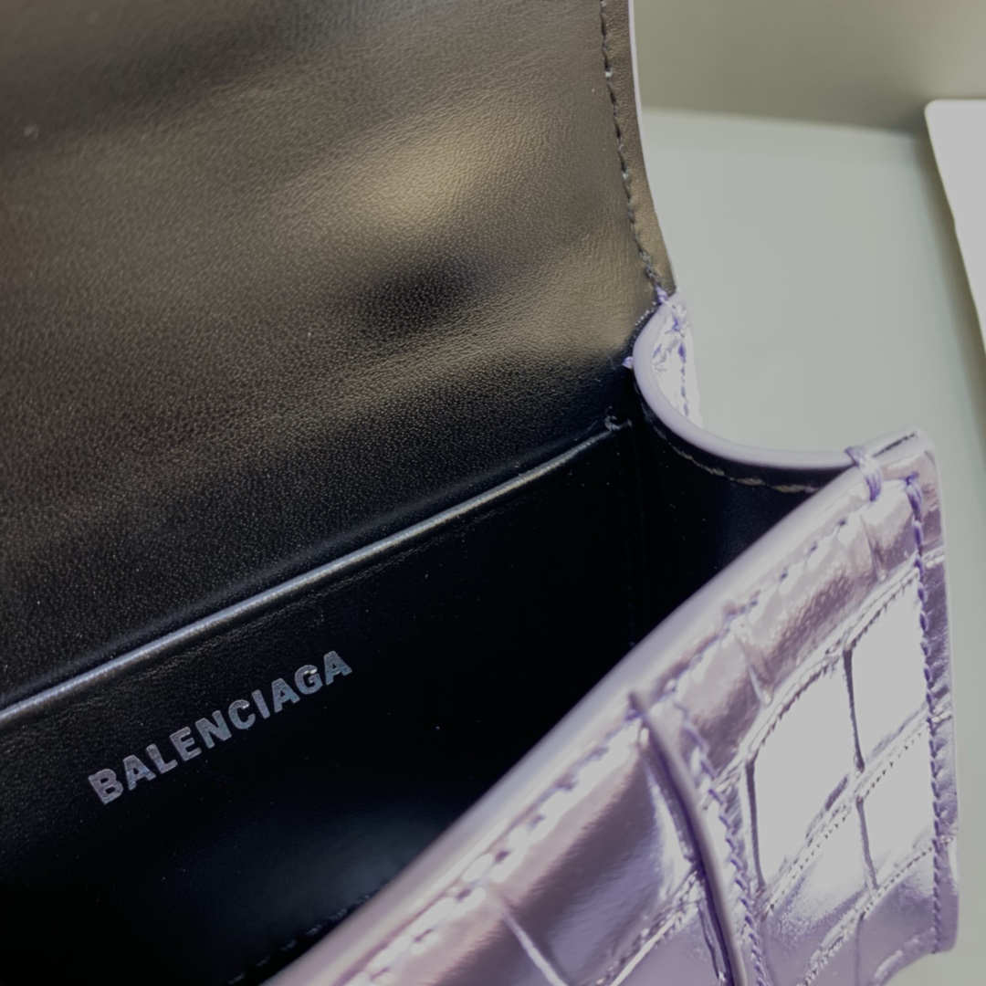 Balenciaga Hourglass Mini Handbag With Chain Crocodile Embossed Shoulder Bag Light Purple